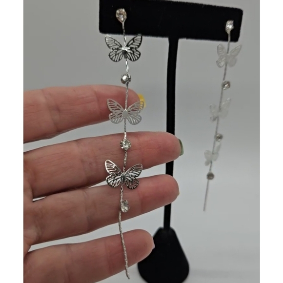 Butterfly Filigree Earrings with Rhinestone Accent Silver Tone Tassel Earrings - Picture 5 of 11